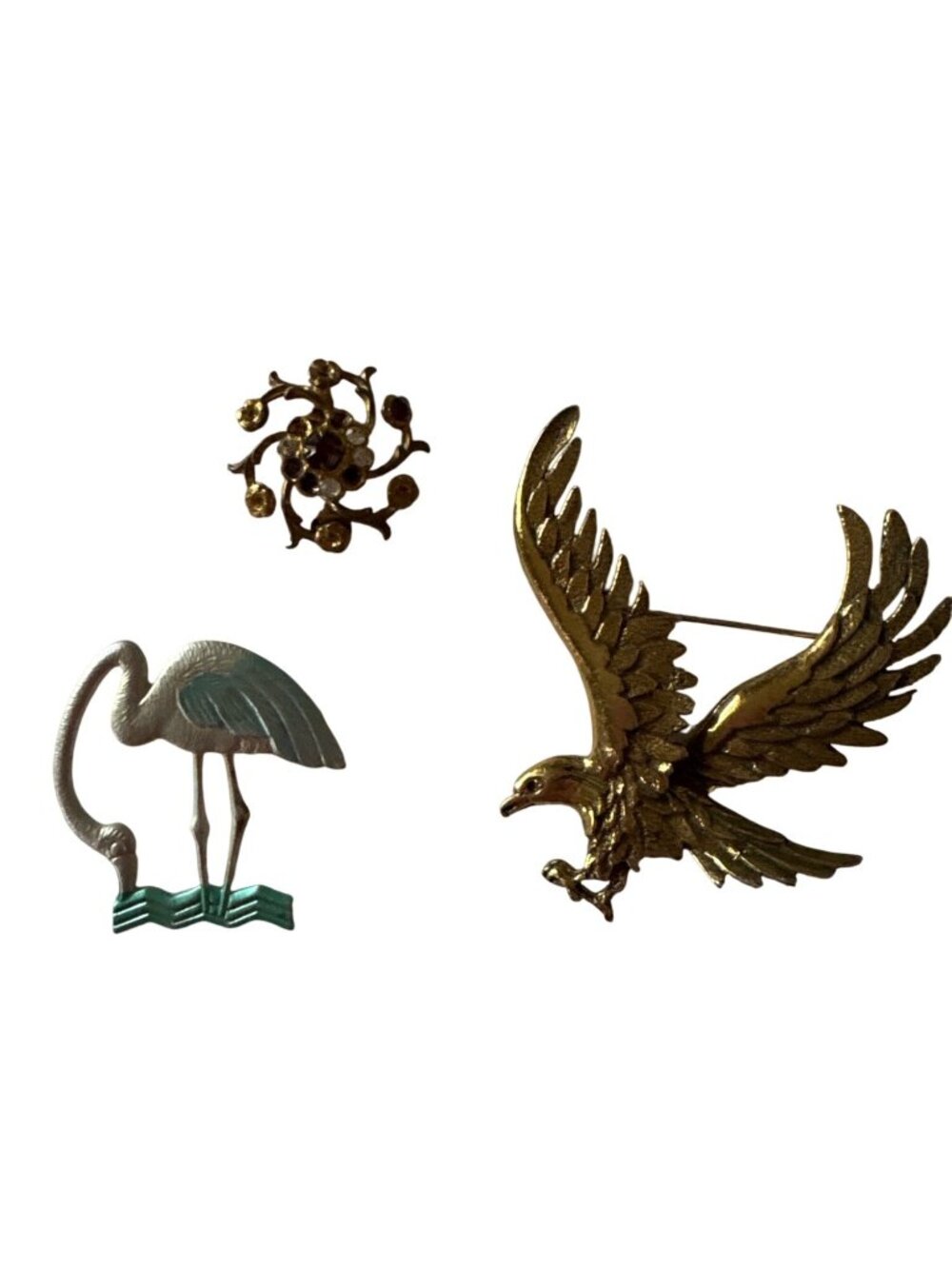 Mid-Century Costume Jewelry Gold-Toned Enamel Brooch Set Eagle Crane Floral Desi